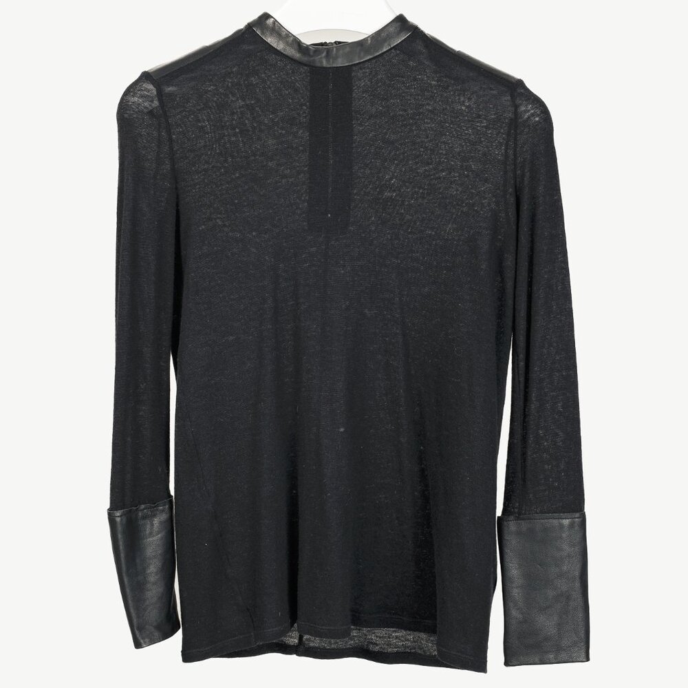 Helmut Lang Black Angora Leather-Trim Cozy Long Sleeve Top